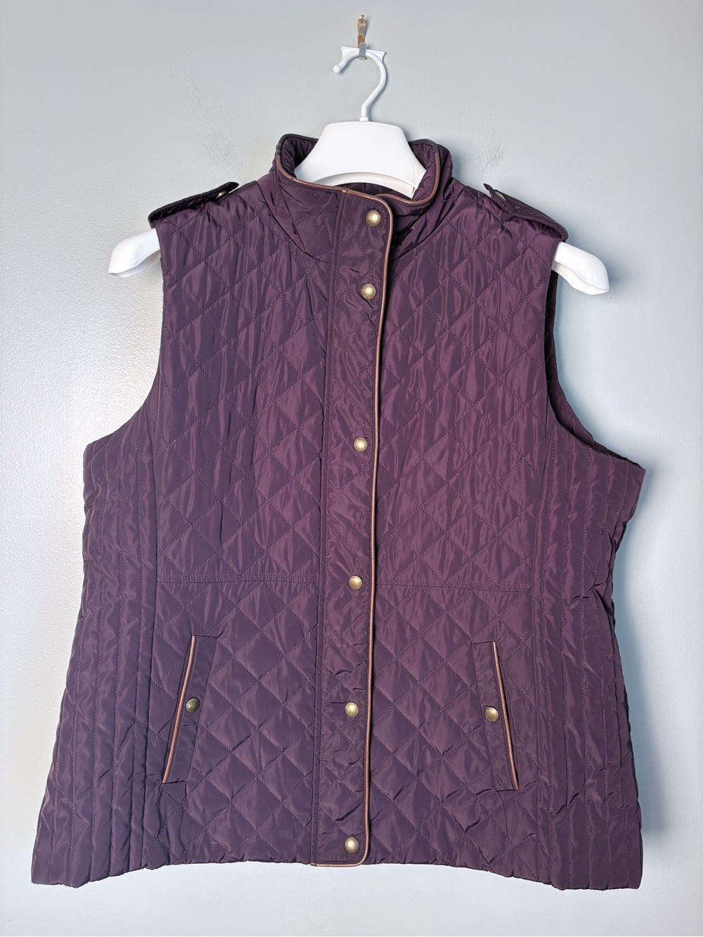 Lauren Ralph Lauren Womens XL Quilted Vest Plum Purple Faux Leather Trim